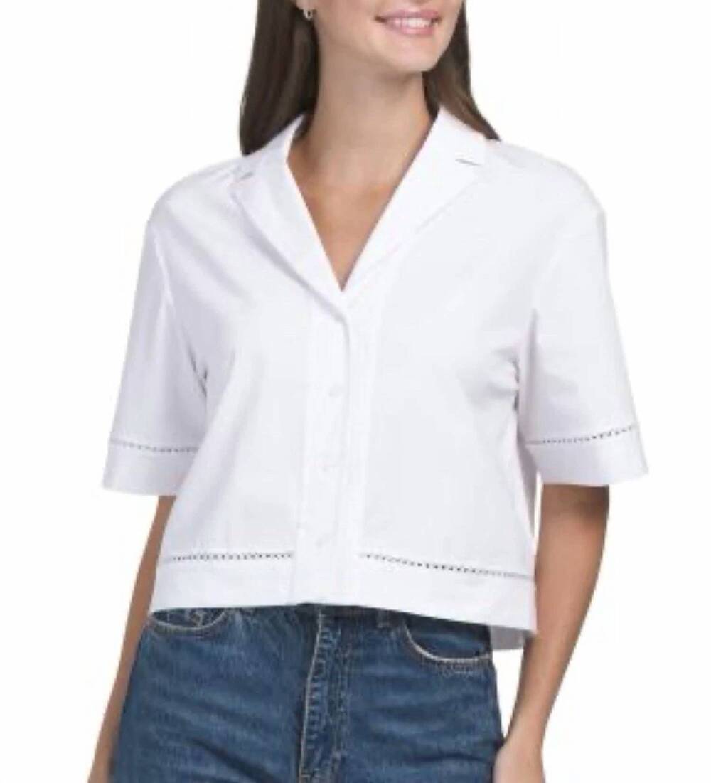 NEW THEORY short sleeve boxy lapel shirt in white